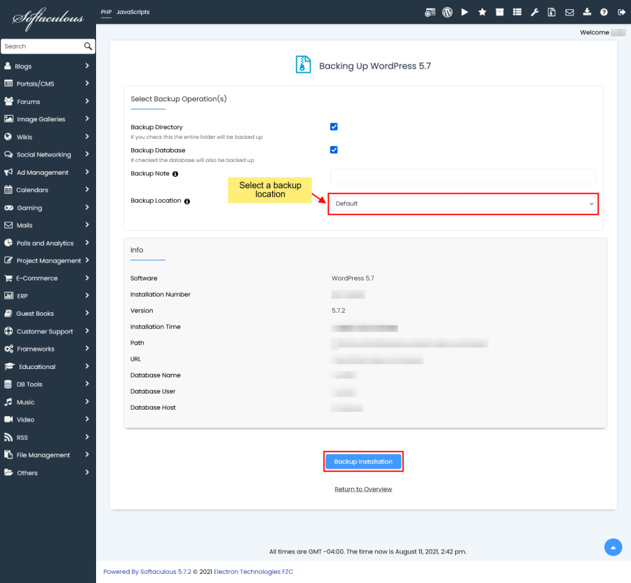 גיבוי אתר מקומית ע"י softaculous, directadmin, cpanel