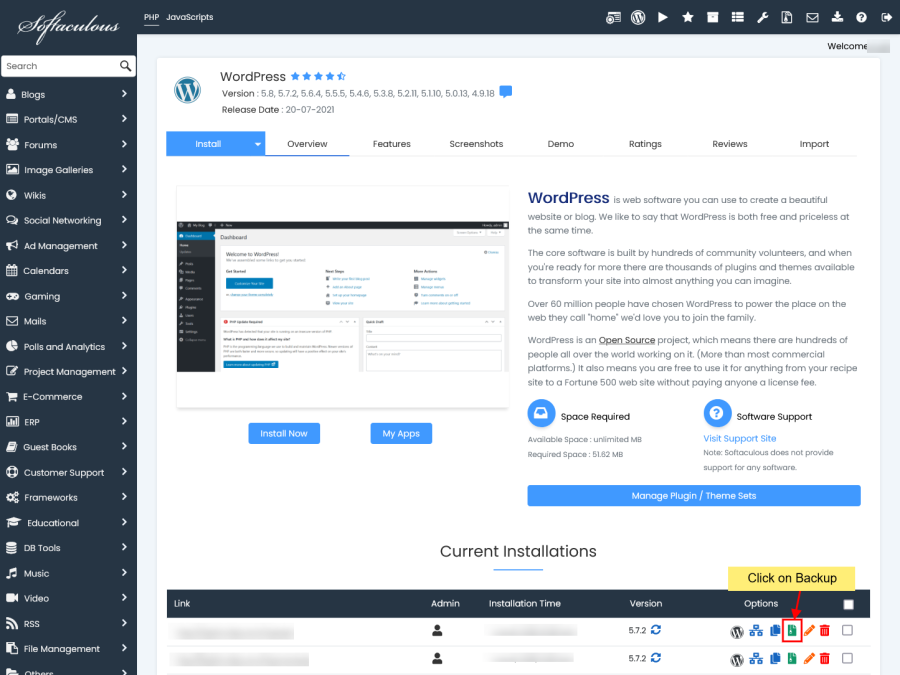 גיבוי אתר מקומית ע"י softaculous, directadmin, cpanel